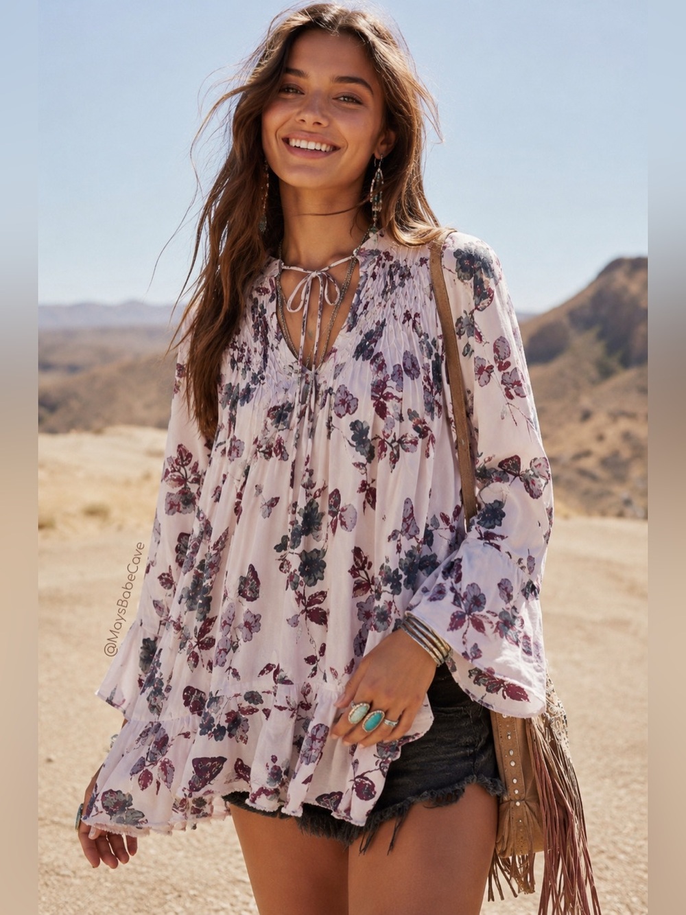 Free People Pale Lilac Floral Print Tunic Top